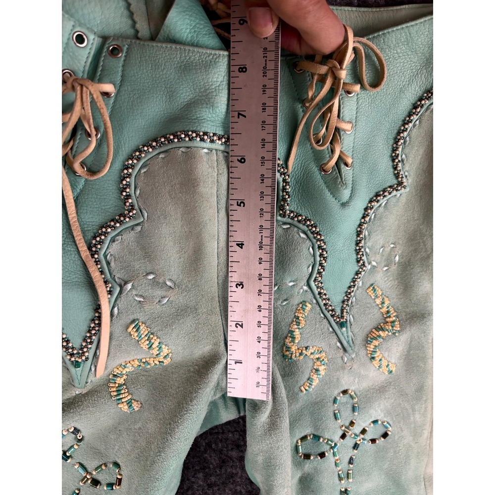 Vintage Western Suede Leather Pants Beaded Lace Up Turquoise OOAK Couture Rare - Picture 6 of 16